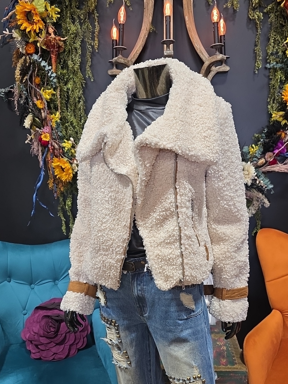 Forever 21 Teddy Jacket in Cream & Brown